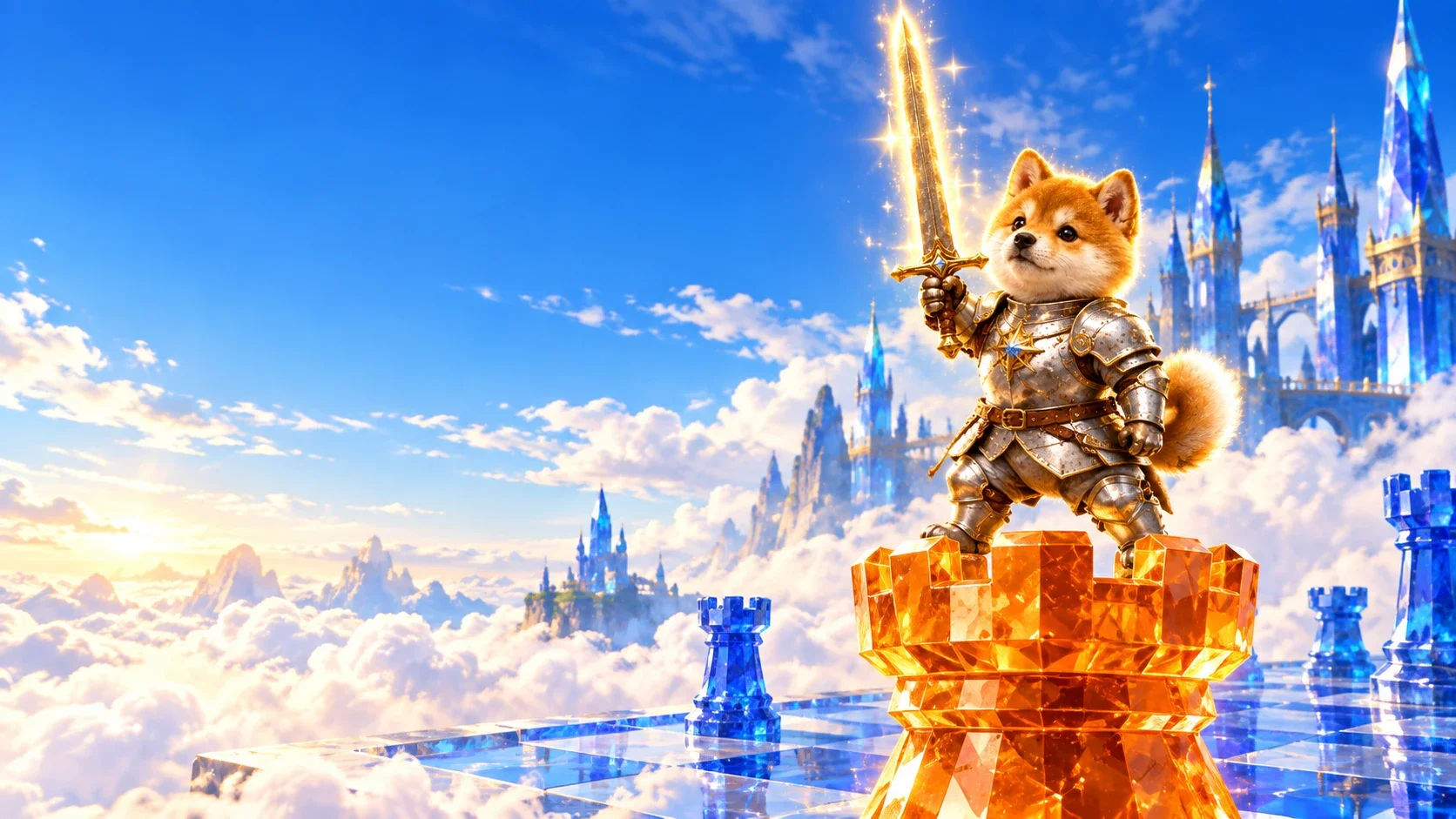 SWONKINU standing on a giant golden chess rook above the clouds